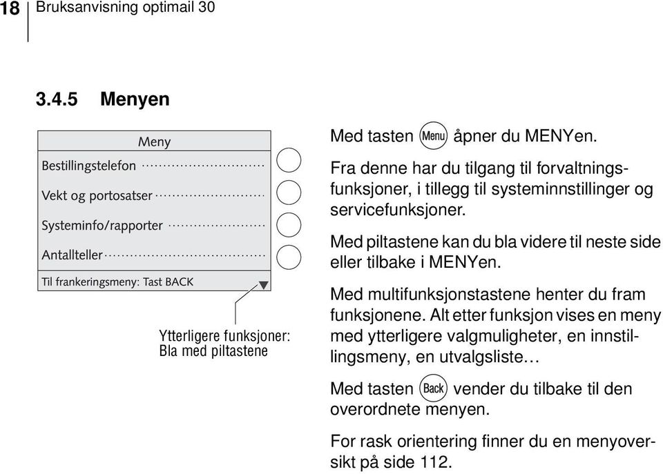 Med piltastene kan du bla videre til neste side eller tilbake i MENYen. Med multifunksjonstastene henter du fram funksjonene.