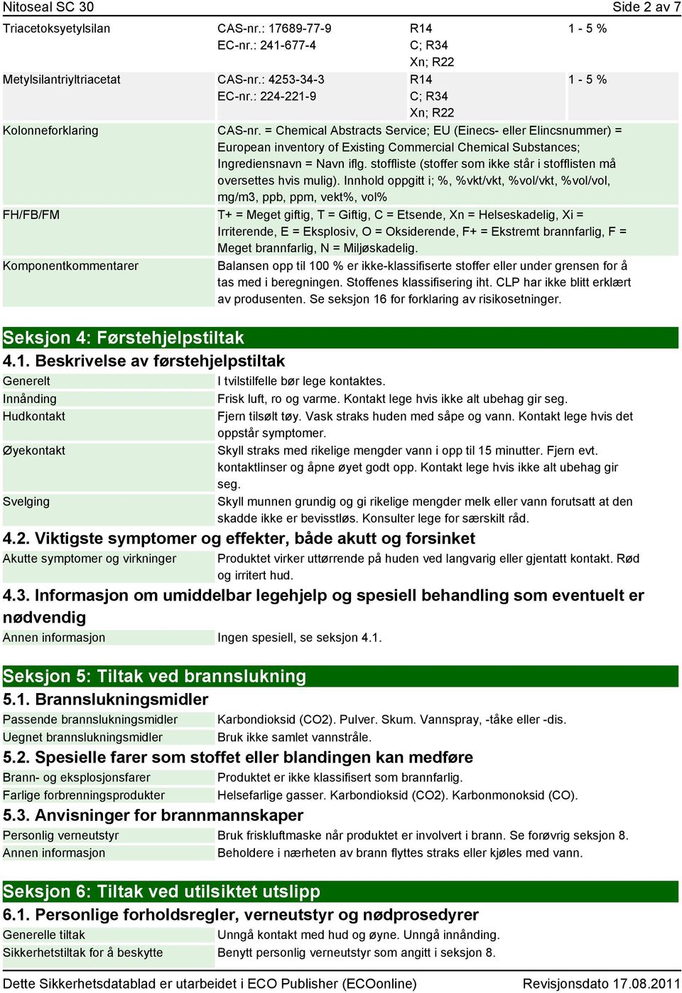 = Chemical Abstracts Service; EU (Einecs- eller Elincsnummer) = European inventory of Existing Commercial Chemical Substances; Ingrediensnavn = Navn iflg.