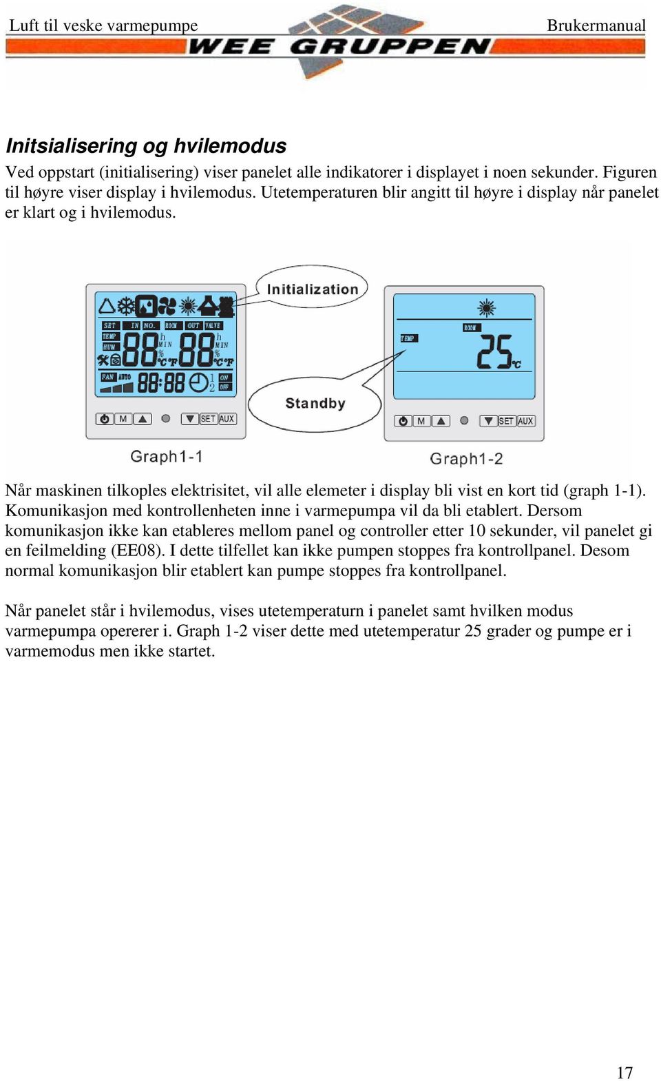 Komunikasjon med kontrollenheten inne i varmepumpa vil da bli etablert. Dersom komunikasjon ikke kan etableres mellom panel og controller etter 10 sekunder, vil panelet gi en feilmelding (EE08).