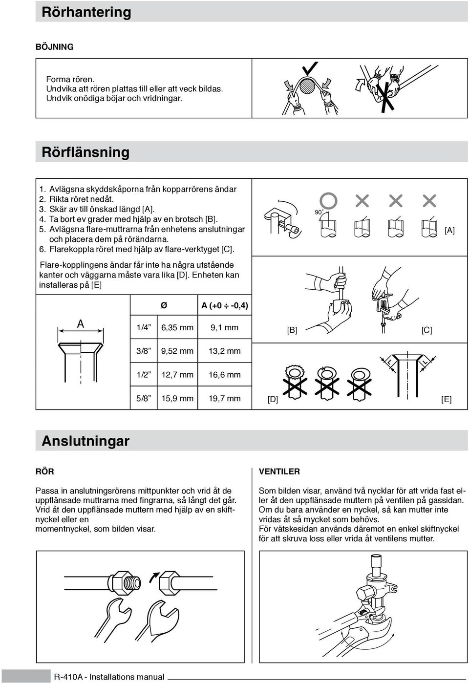 Flarekoppla röret med hjälp av flare-verktyget [C]. Flare-kopplingens ändar får inte ha några utstående kanter och väggarna måste vara lika [D].