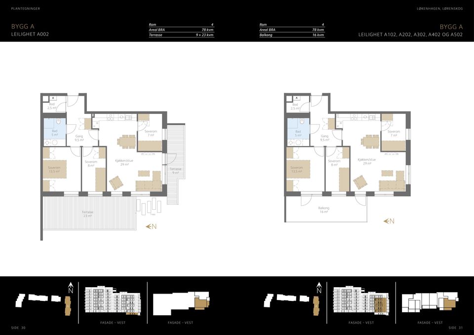 A302, A402 og A502 Bod 2, Bod 2, 9, 7 m2 9, 7 m2 13, 8 m2