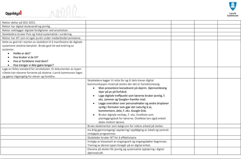 Hvilke er det? Hva bruker vi de til? Hva er fordelene med dem? Hva trenger vi ikke gjøre lenger? Lage en felles standard for larvikskolen.