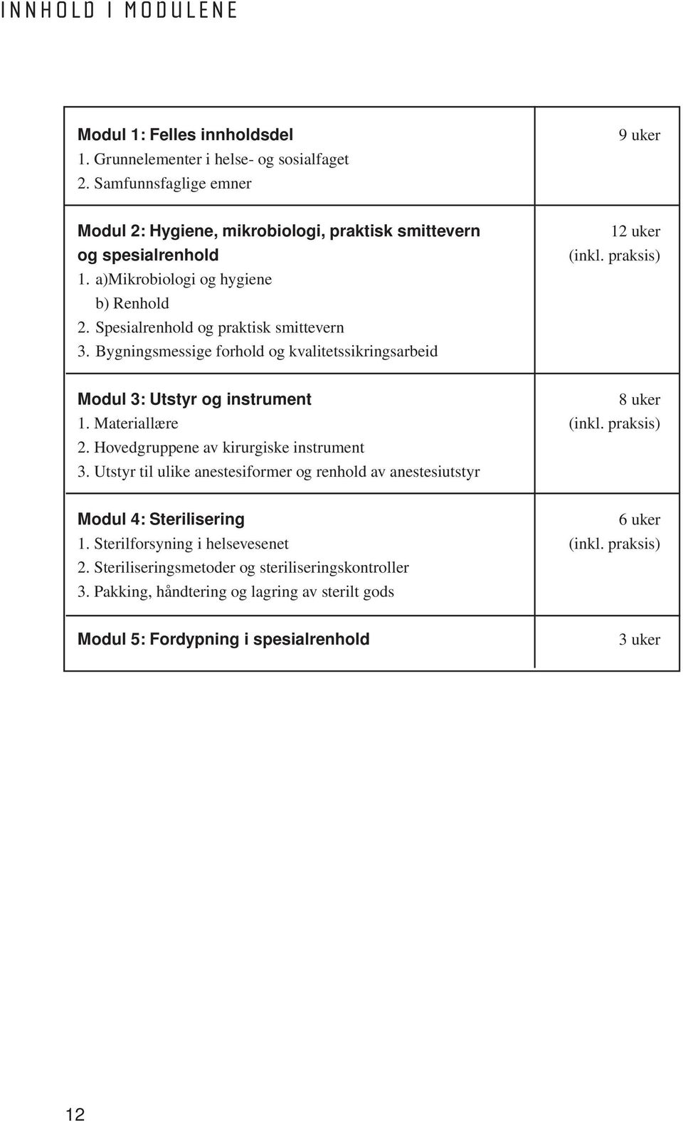 Bygningsmessige forhold og kvalitetssikringsarbeid 12 uker (inkl. praksis) Modul 3: Utstyr og instrument 8 uker 1. Materiallære (inkl. praksis) 2. Hovedgruppene av kirurgiske instrument 3.