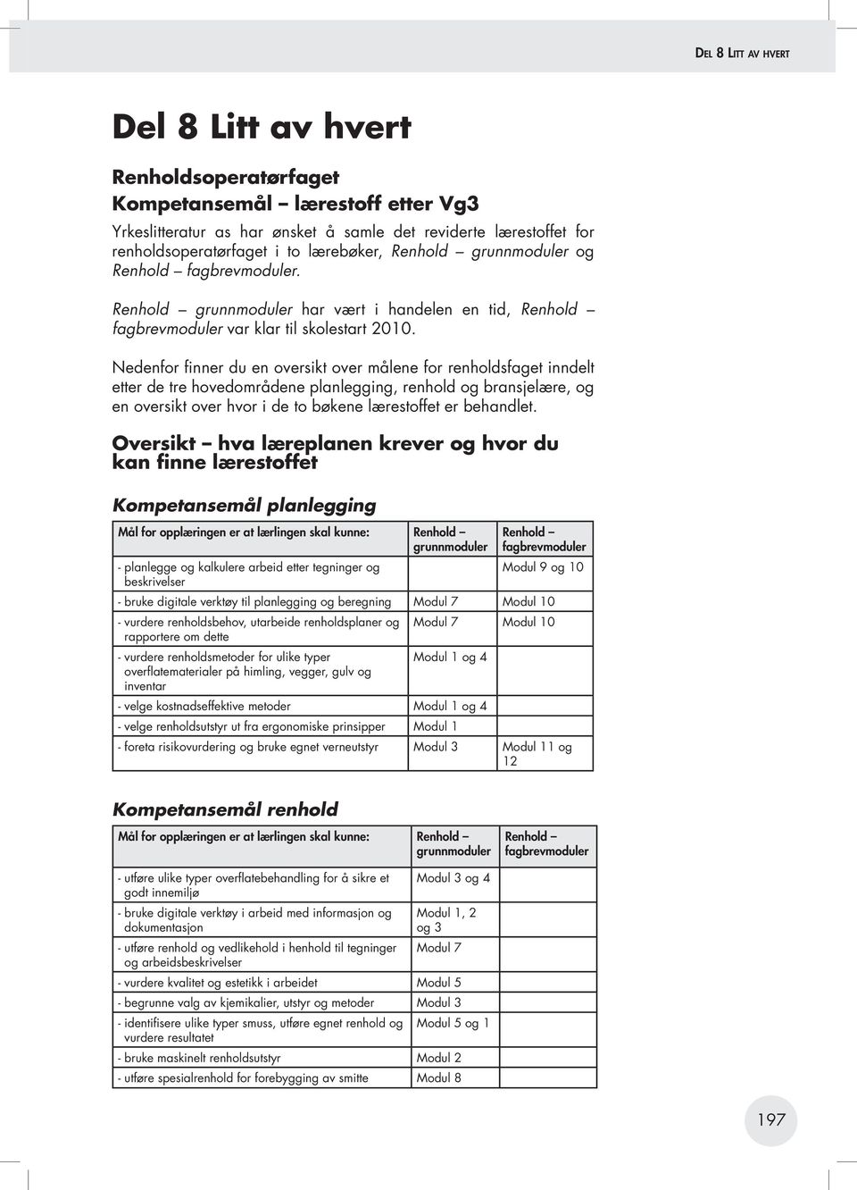 Nedenfor finner du en oversikt over målene for renholdsfaget inndelt etter de tre hovedområdene planlegging, renhold og bransjelære, og en oversikt over hvor i de to bøkene lærestoffet er behandlet.