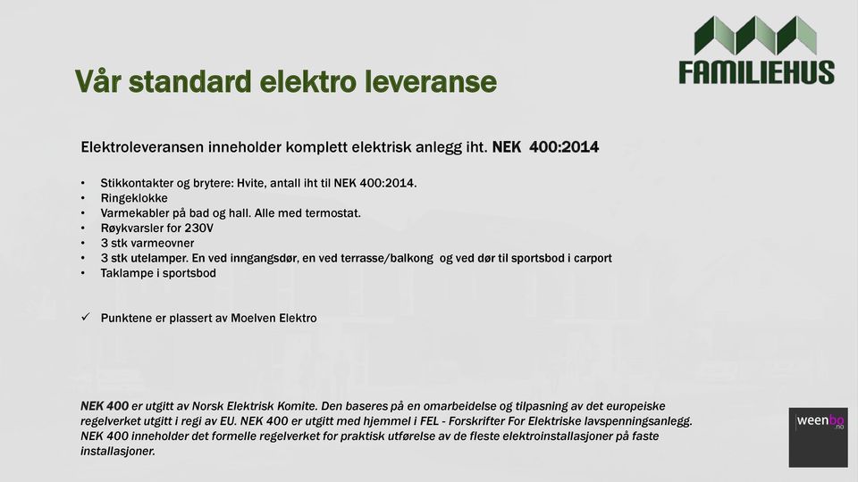 En ved inngangsdør, en ved terrasse/balkong og ved dør til sportsbod i carport Taklampe i sportsbod Punktene er plassert av Moelven Elektro NEK 400 er utgitt av Norsk Elektrisk Komite.