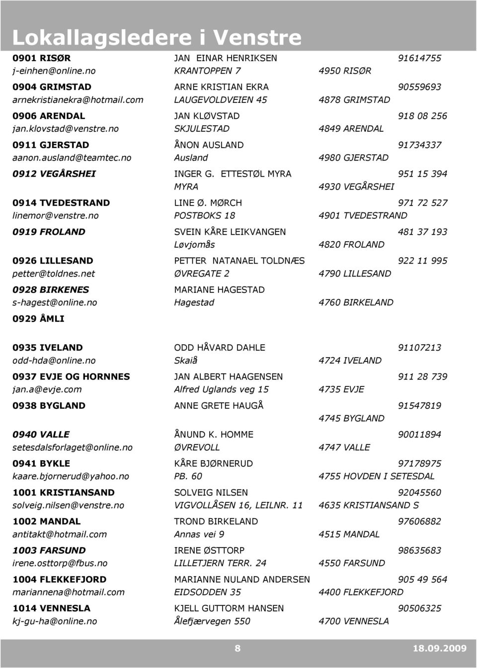 ETTESTØL MYRA MYRA 4878 GRIMSTAD 4849 ARENDAL 4980 GJERSTAD 4930 VEGÅRSHEI 90559693 918 08 256 91734337 951 15 394 0914 TVEDESTRAND linemor@venstre.no LINE Ø.