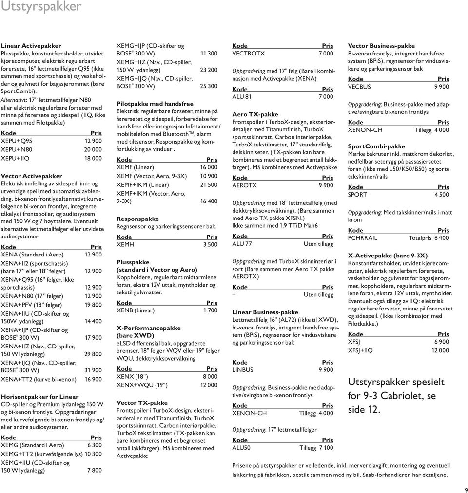 Alternativt: 17 lettmetallfelger N80 eller elektrisk regulerbare forseter med minne på førersete og sidespeil (IIQ, ikke sammen med Pilotpakke) XEPU+Q95 12 900 XEPU+N80 20 000 XEPU+IIQ 18 000 Vector