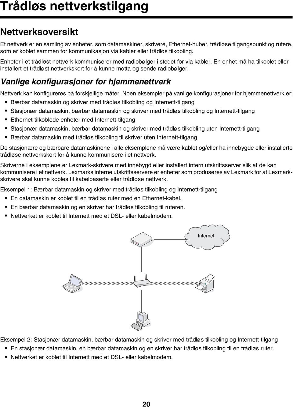 En enhet må ha tilkoblet eller installert et trådløst nettverkskort for å kunne motta og sende radiobølger. Vanlige konfigurasjoner for hjemmenettverk Nettverk kan konfigureres på forskjellige måter.