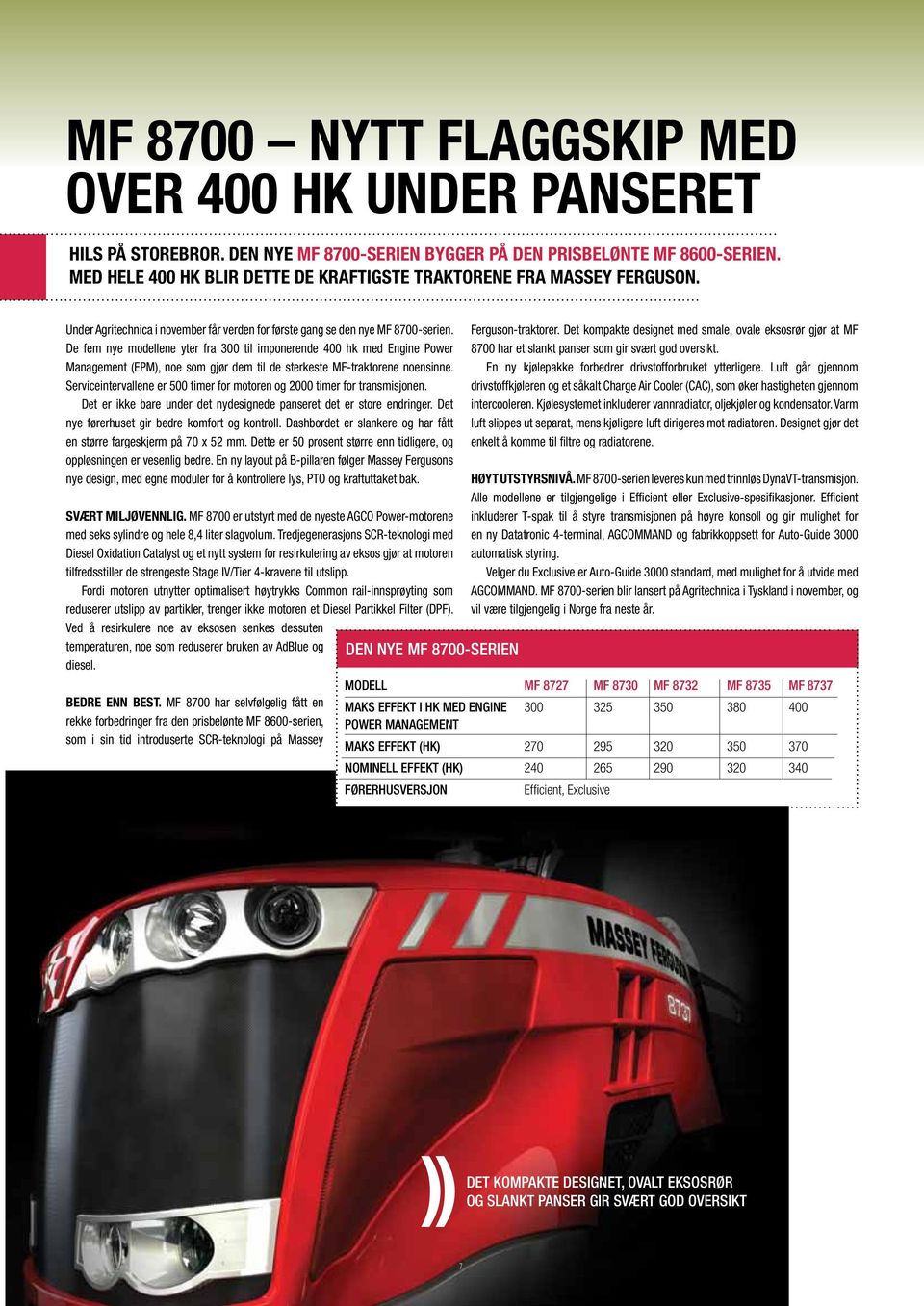 De fem nye modellene yter fra 300 til imponerende 400 hk med Engine Power Management (EPM), noe som gjør dem til de sterkeste MF-traktorene noensinne.