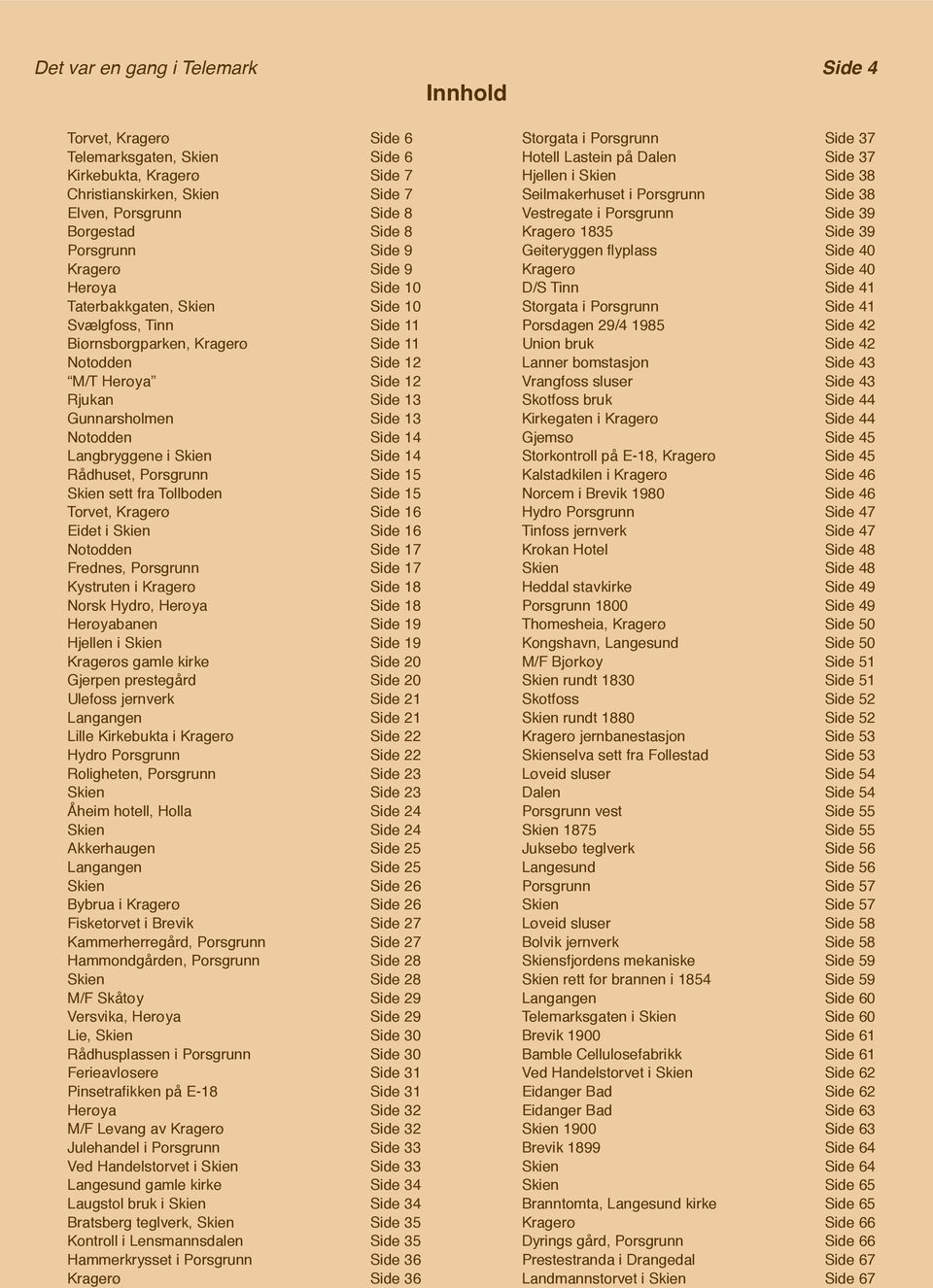 Side 13 Notodden Side 14 Langbryggene i Skien Side 14 Rådhuset, Porsgrunn Side 15 Skien sett fra Tollboden Side 15 Torvet, Kragerø Side 16 Eidet i Skien Side 16 Notodden Side 17 Frednes, Porsgrunn