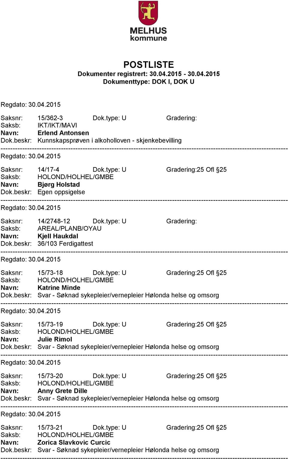 beskr: 36/103 Ferdigattest Saksnr: 15/73-18 Dok.type: U Gradering:25 Ofl 25 Katrine Minde Dok.beskr: Svar - Søknad sykepleier/vernepleier Hølonda helse og omsorg Saksnr: 15/73-19 Dok.