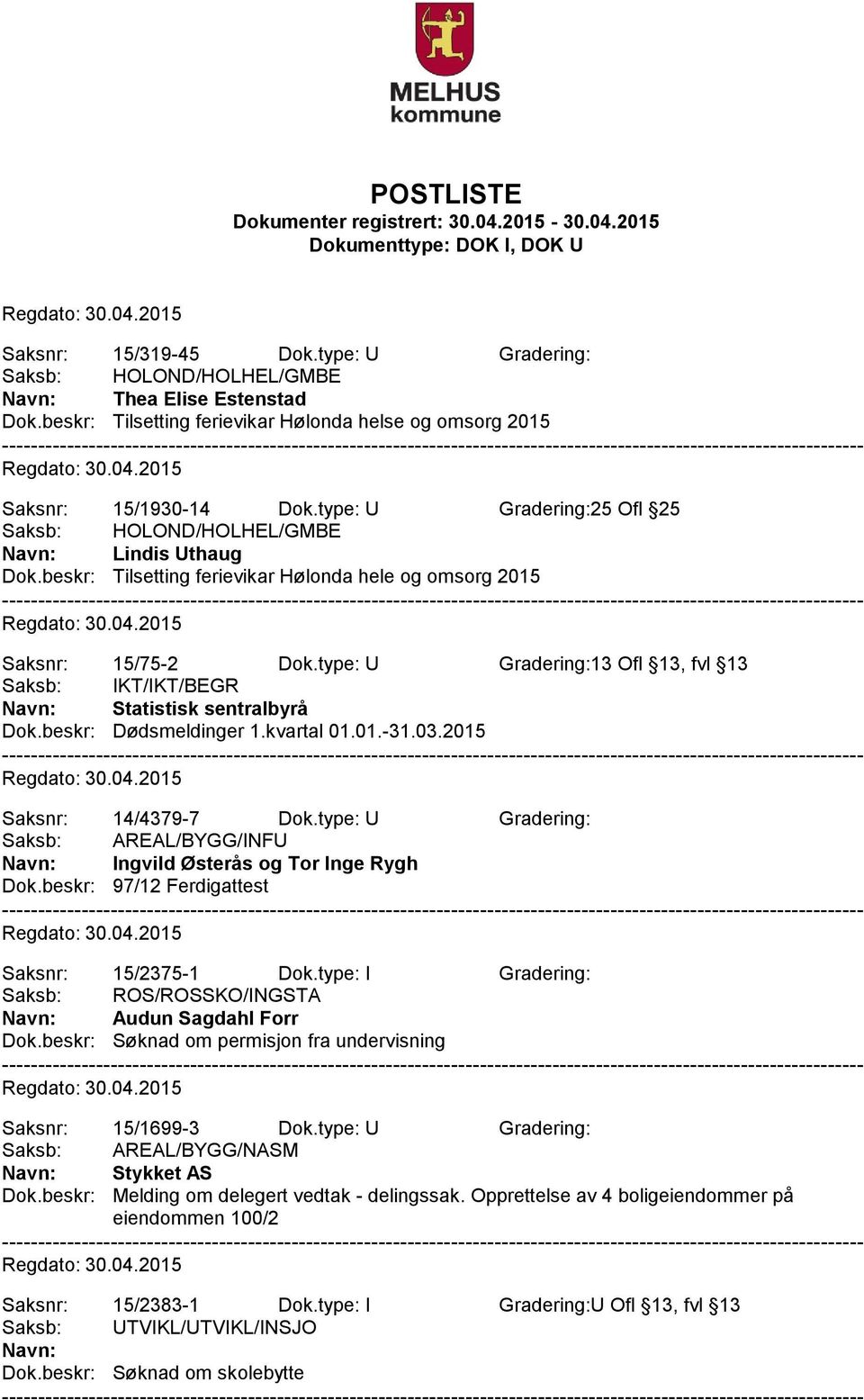 03.2015 Saksnr: 14/4379-7 Dok.type: U Gradering: Saksb: AREAL/BYGG/INFU Ingvild Østerås og Tor Inge Rygh Dok.beskr: 97/12 Ferdigattest Saksnr: 15/2375-1 Dok.