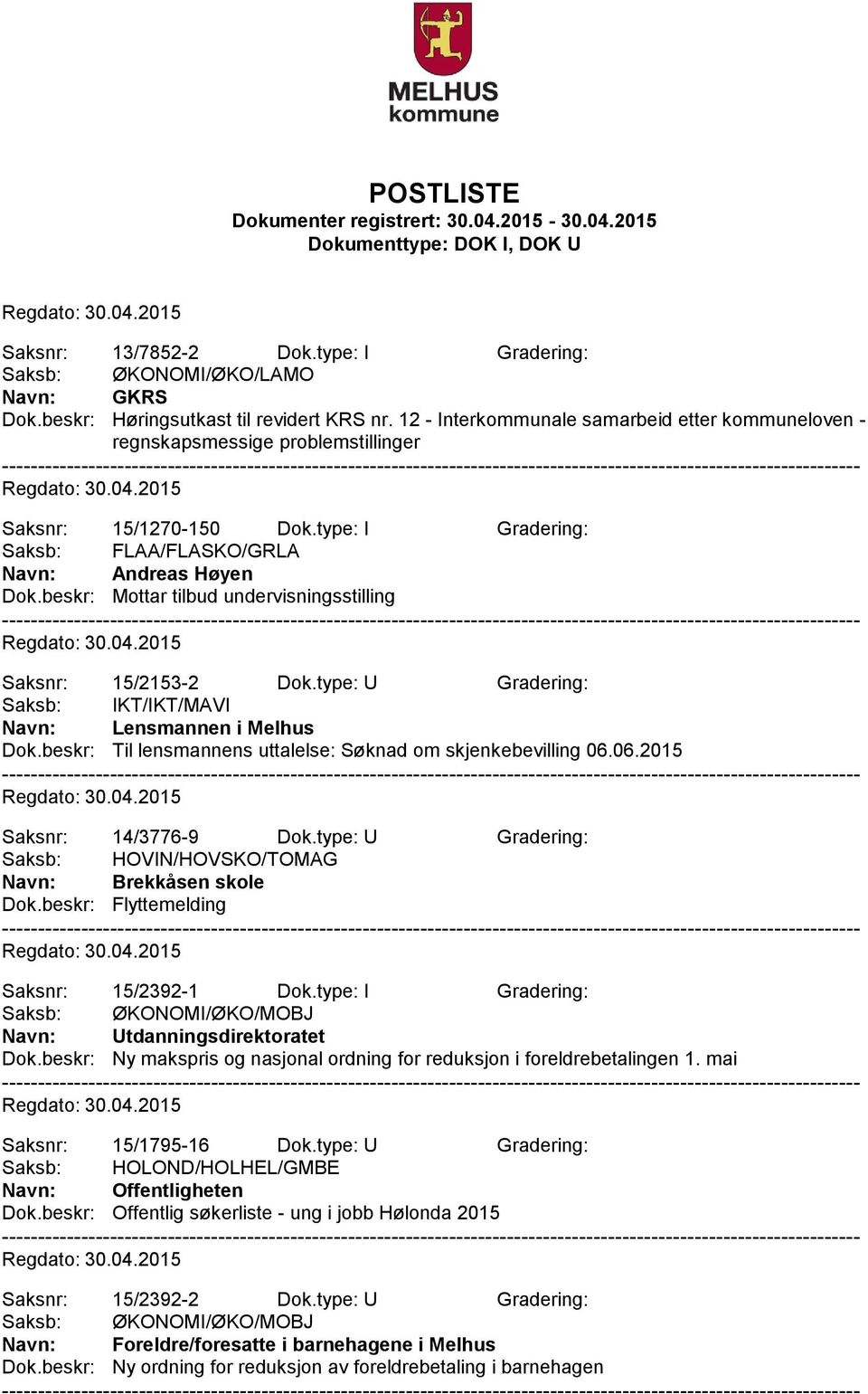 beskr: Mottar tilbud undervisningsstilling Saksnr: 15/2153-2 Dok.type: U Gradering: Saksb: IKT/IKT/MAVI Lensmannen i Melhus Dok.beskr: Til lensmannens uttalelse: Søknad om skjenkebevilling 06.