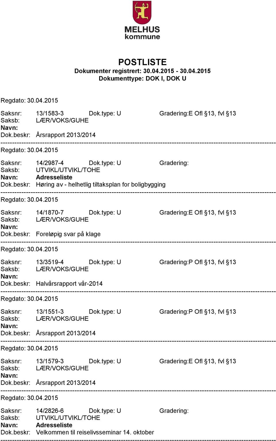 type: U Gradering:P Ofl 13, fvl 13 Saksb: LÆR/VOKS/GUHE Dok.beskr: Halvårsrapport vår-2014 Saksnr: 13/1551-3 Dok.type: U Gradering:P Ofl 13, fvl 13 Saksb: LÆR/VOKS/GUHE Dok.beskr: Årsrapport 2013/2014 Saksnr: 13/1579-3 Dok.