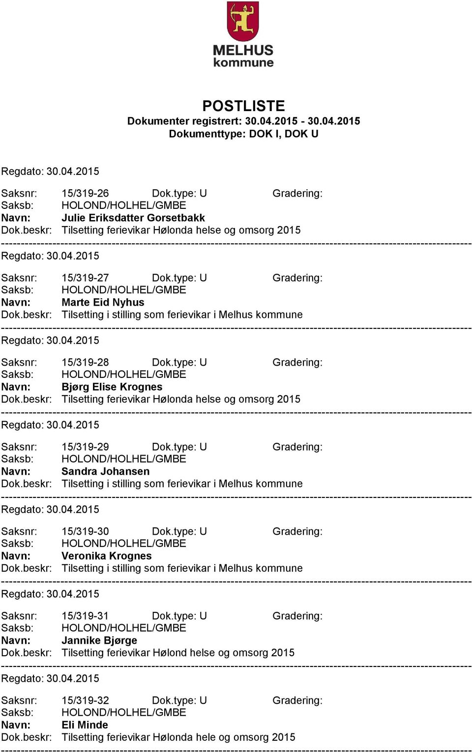 beskr: Tilsetting ferievikar Hølonda helse og omsorg 2015 Saksnr: 15/319-29 Dok.type: U Gradering: Sandra Johansen Saksnr: 15/319-30 Dok.