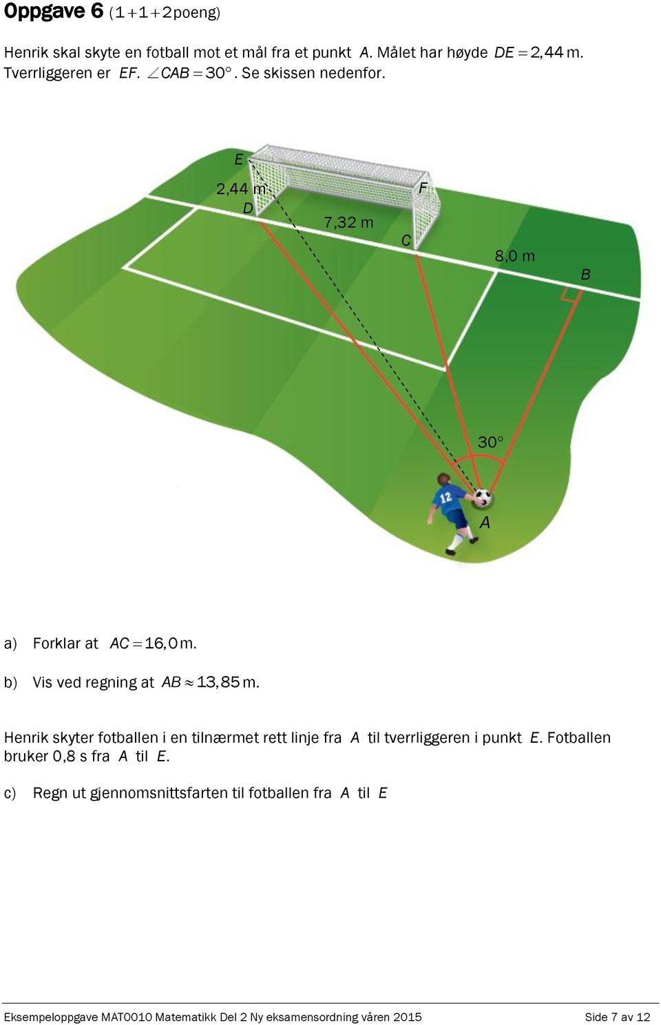 Henrik skyter fotballen i en tilnærmet rett linje fra A til tverrliggeren i punkt E. Fotballen bruker 0,8 s fra A til E.