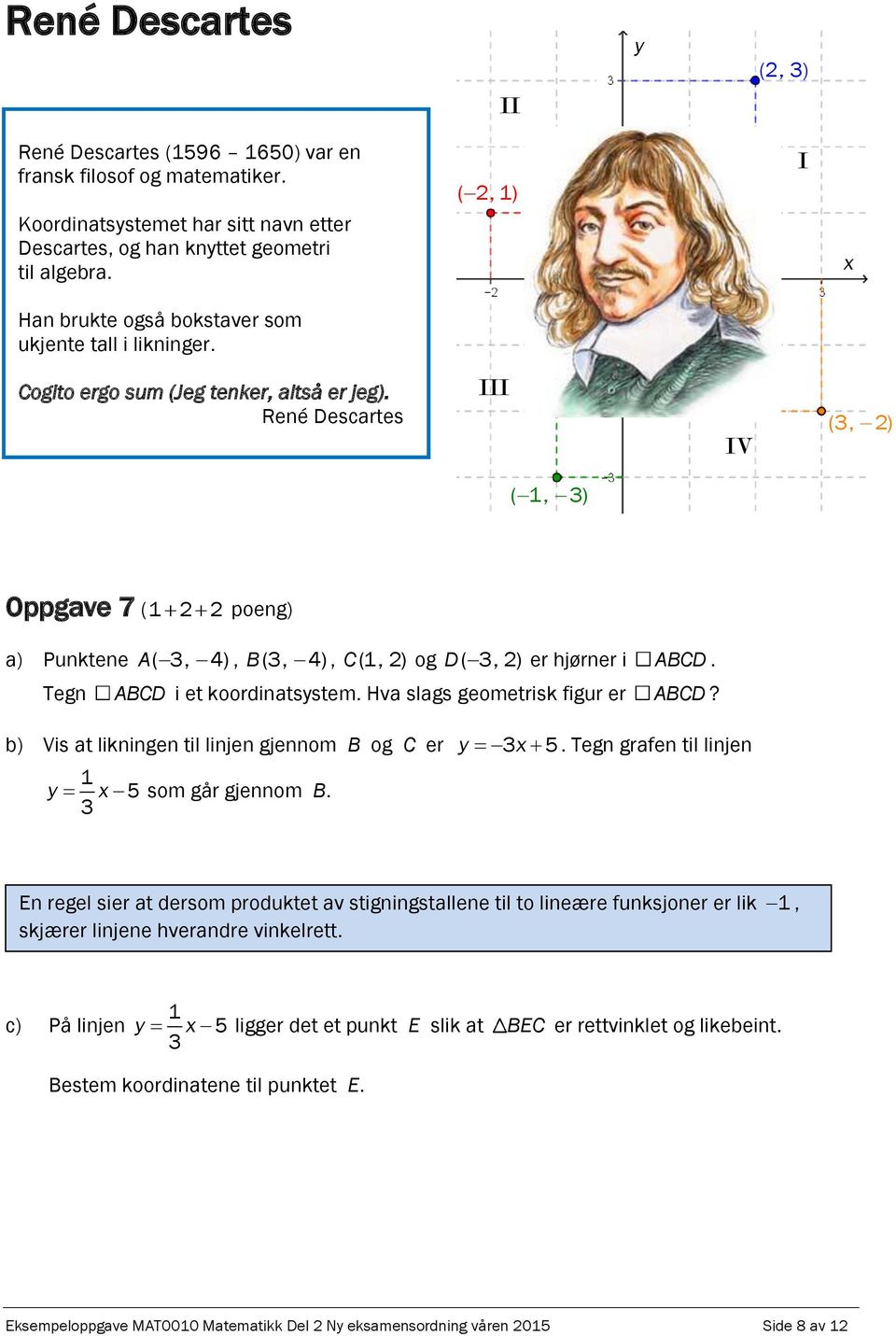 René Descartes III IV (3, 2) ( 1, 3) Oppgave 7 (1 2 2 poeng) a) Punktene A( 3, 4), B(3, 4), C (1, 2) og D( 3, 2) er hjørner i ABCD. Tegn ABCD i et koordinatsystem. Hva slags geometrisk figur er ABCD?