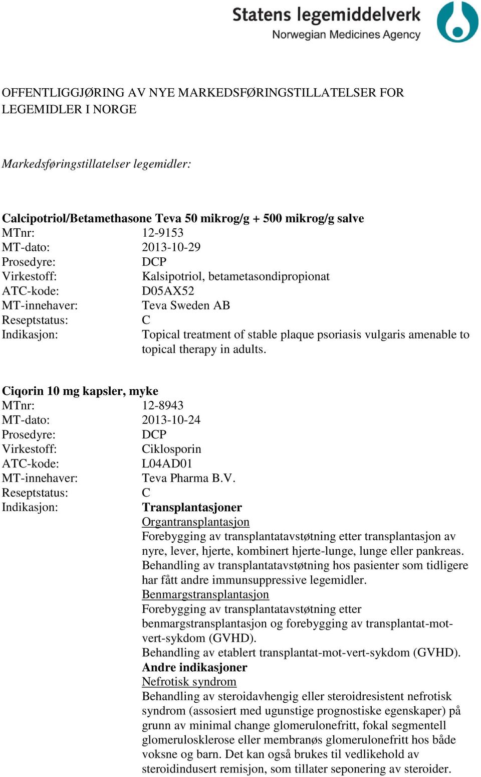 iqorin 10 mg kapsler, myke 12-8943 MT-dato: 2013-10-24 DP iklosporin L04AD01 Teva Pharma B.V.