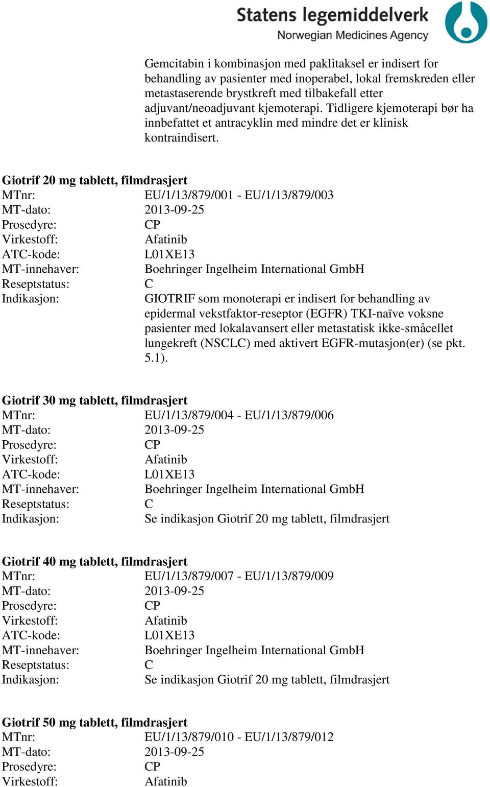 Giotrif 20 mg tablett, filmdrasjert /1/13/879/001 - /1/13/879/003 MT-dato: 2013-09-25 P Afatinib L01XE13 Boehringer Ingelheim International GmbH GIOTRIF som monoterapi er indisert for behandling av