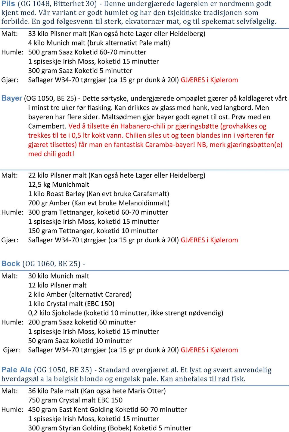 Malt: 33 kilo Pilsner malt (Kan også hete Lager eller Heidelberg) 4 kilo Munich malt (bruk alternativt Pale malt) Humle: 500 gram Saaz Koketid 60-70 minutter 300 gram Saaz Koketid 5 minutter Bayer