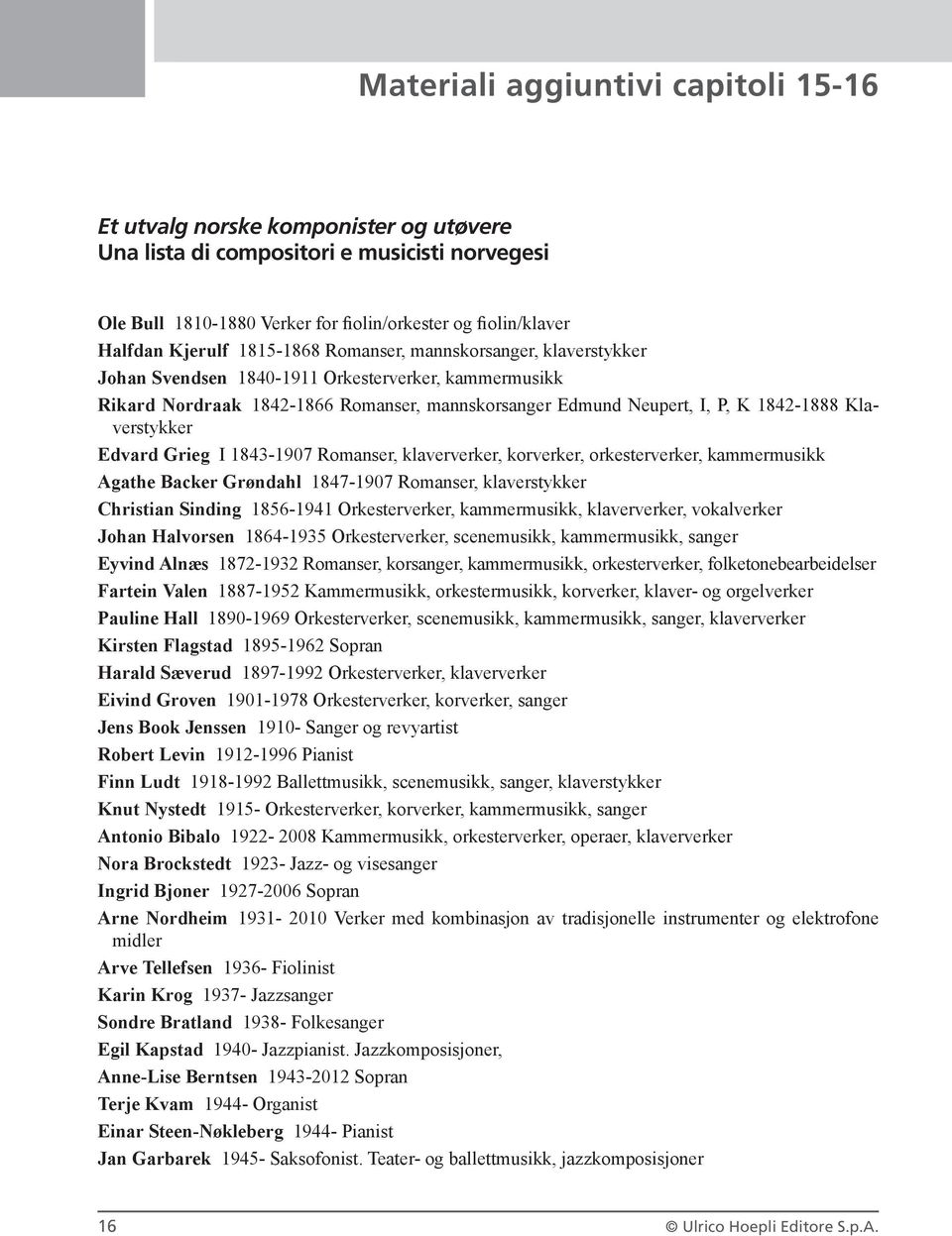 Klaverstykker Edvard Grieg I 1843-1907 Romanser, klaververker, korverker, orkesterverker, kammermusikk Agathe Backer Grøndahl 1847-1907 Romanser, klaverstykker Christian Sinding 1856-1941