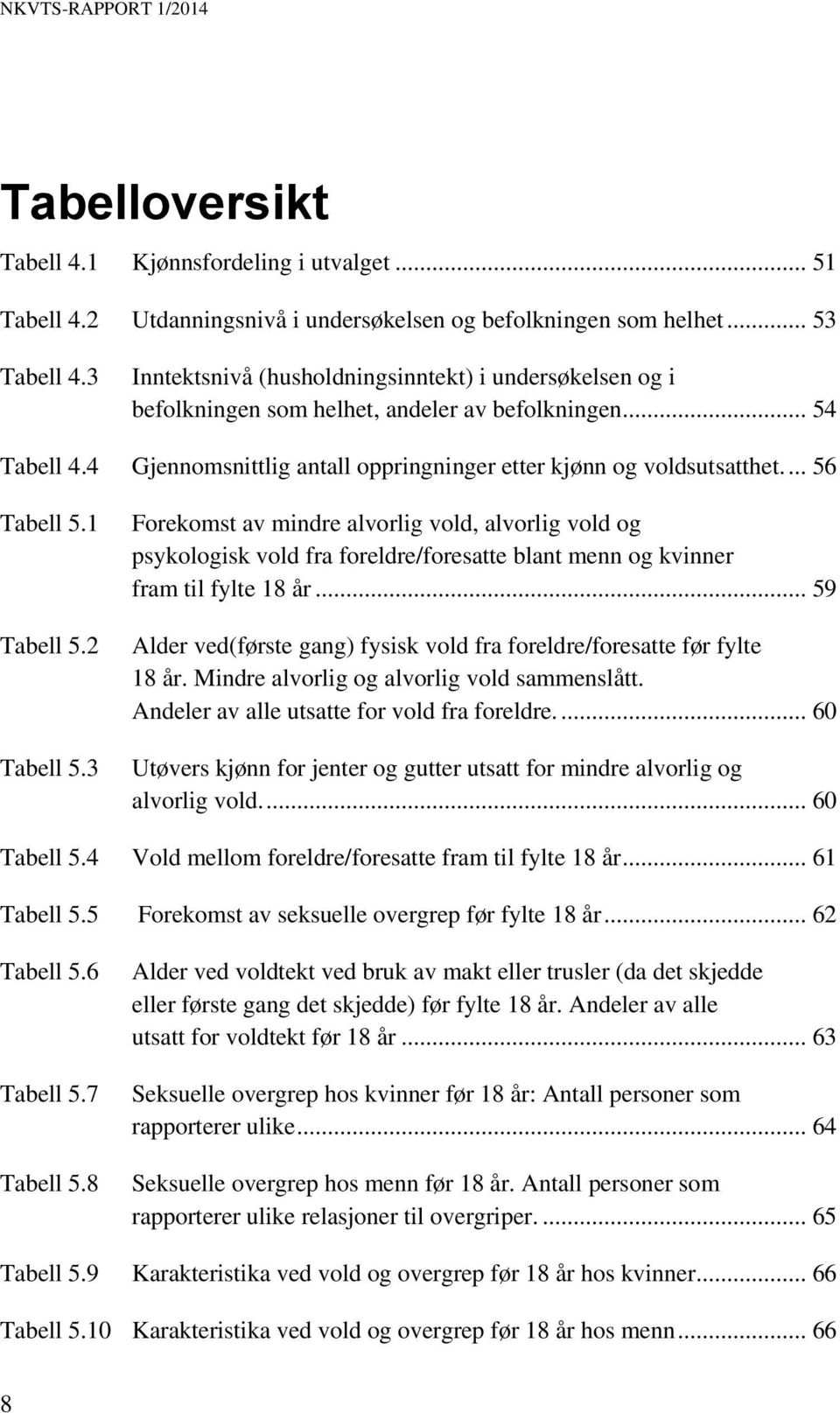 ... 56 Tabell 5.1 Tabell 5.2 Tabell 5.3 Forekomst av mindre alvorlig vold, alvorlig vold og psykologisk vold fra foreldre/foresatte blant menn og kvinner fram til fylte 18 år.