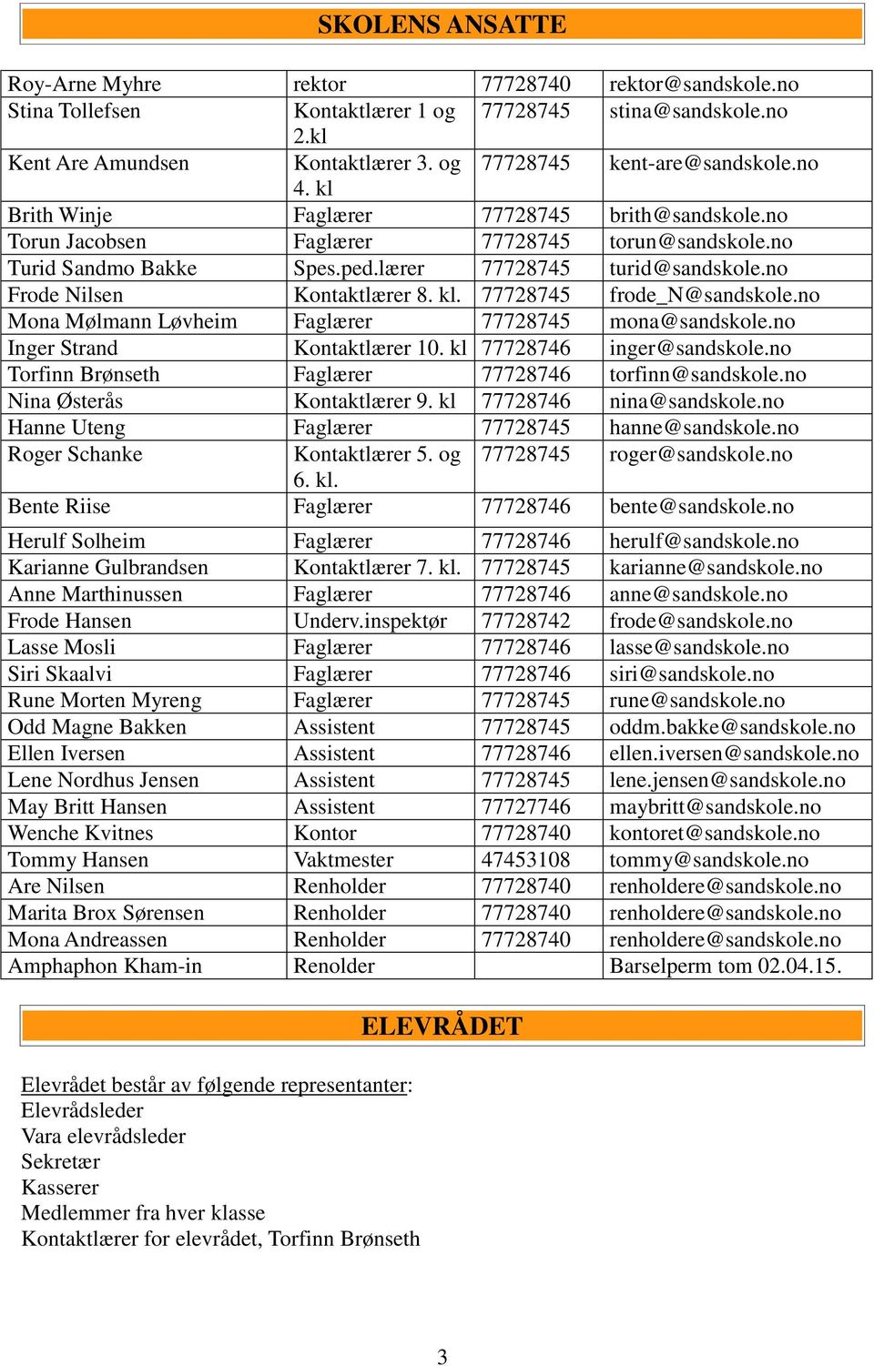 kl. 77728745 frode_n@sandskole.no Mona Mølmann Løvheim Faglærer 77728745 mona@sandskole.no Inger Strand Kontaktlærer 10. kl 77728746 inger@sandskole.