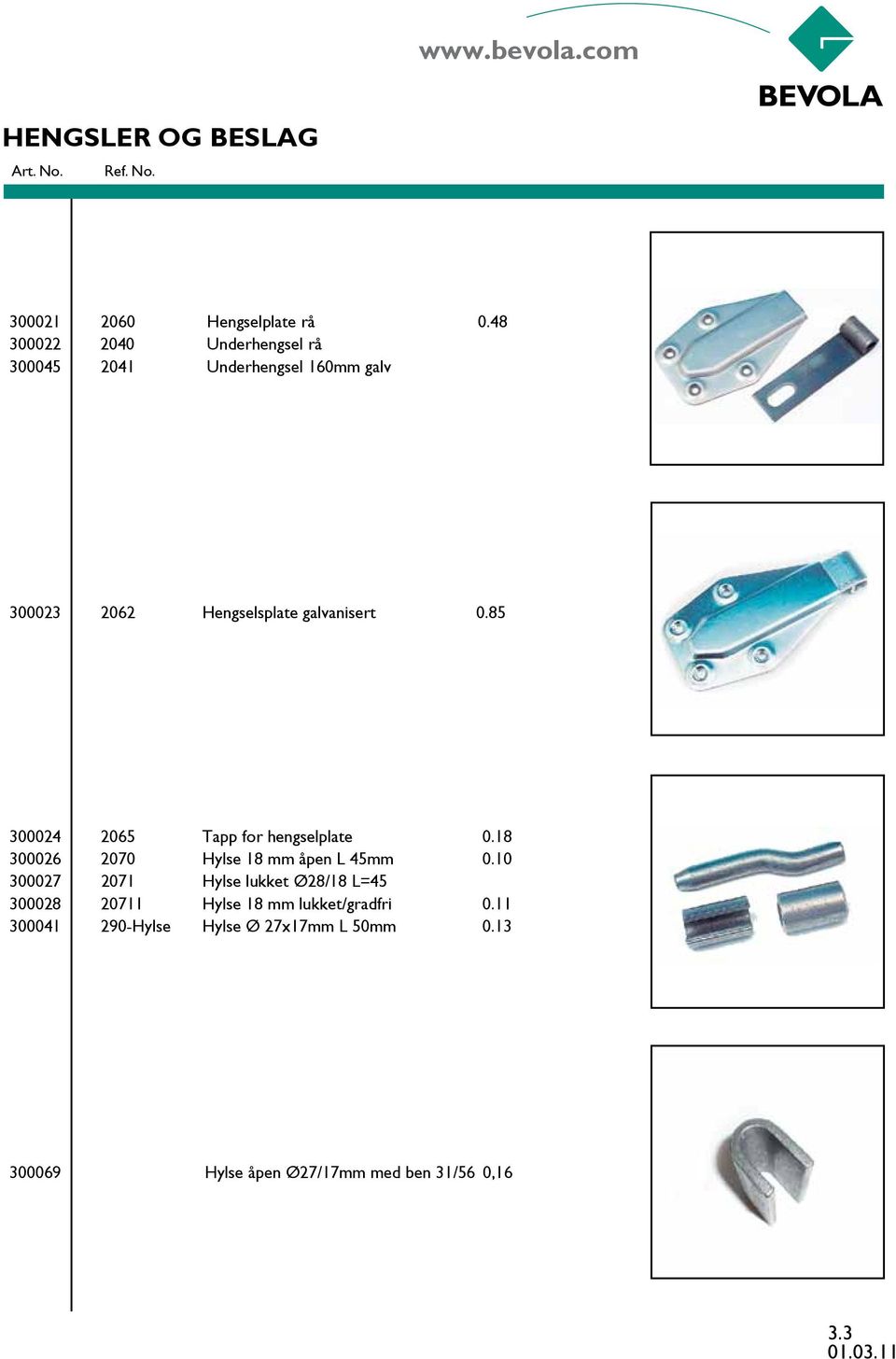 galvanisert 0.85 300024 2065 Tapp for hengselplate 0.18 300026 2070 Hylse 18 mm åpen L 45mm 0.