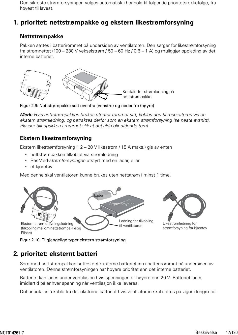 Den sørger for likestrømforsyning fra strømnettet (1 23 V vekselstrøm / 5 6 Hz /,6 1 A) og muliggjør opplading av det interne batteriet. Figur 2.