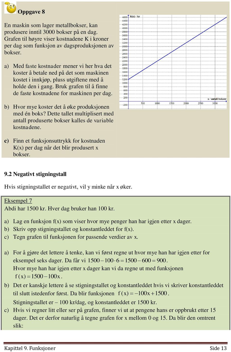 Bruk grafen til å finne de faste kostnadene for maskinen per dag. b) Hvor mye koster det å øke produksjonen med én boks?