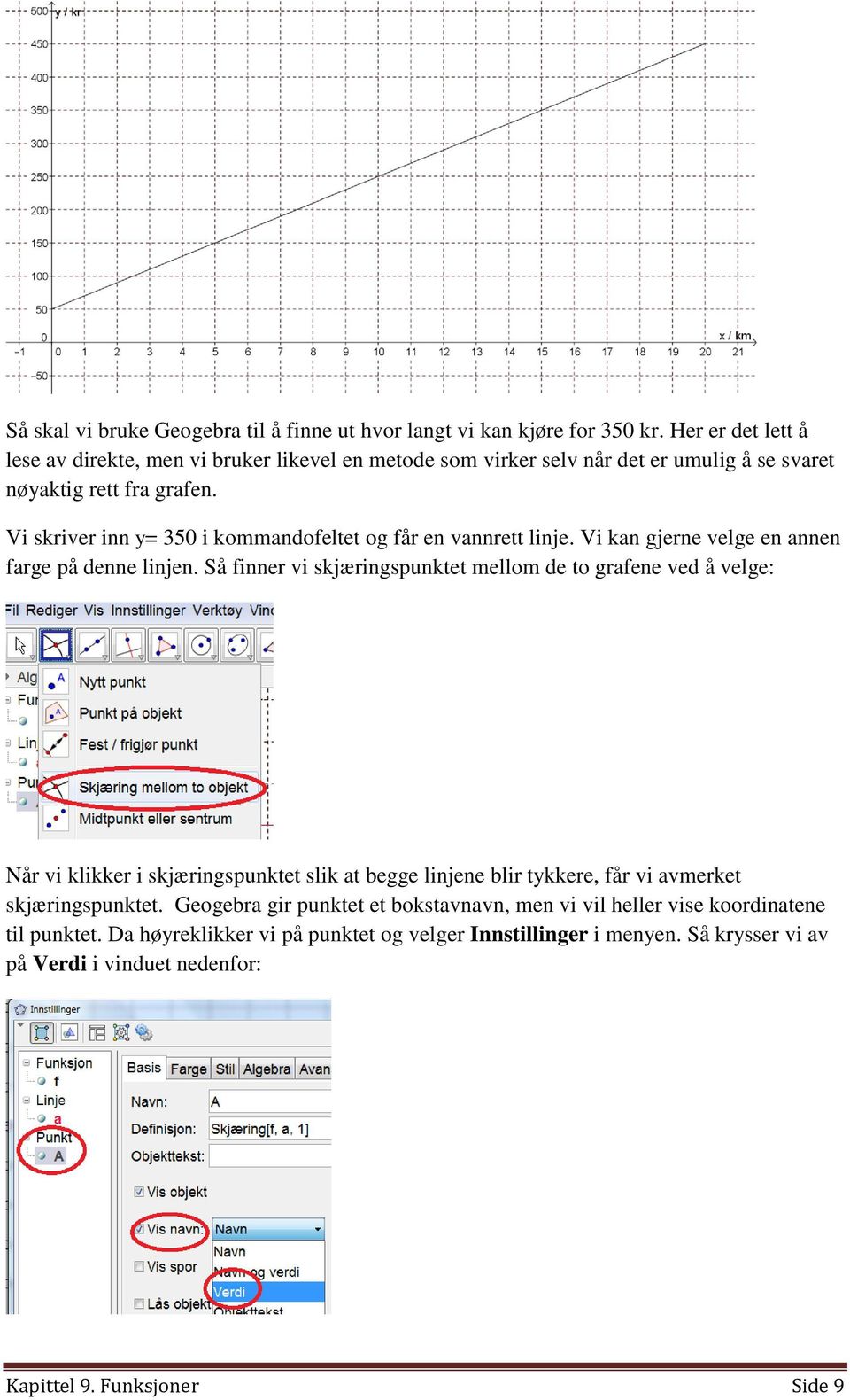 Vi skriver inn y= 350 i kommandofeltet og får en vannrett linje. Vi kan gjerne velge en annen farge på denne linjen.