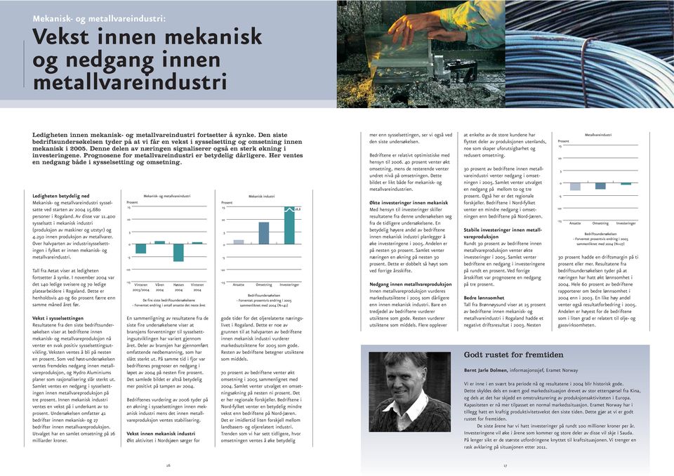 Prognosene for metallvareindustri er betydelig dårligere. Her ventes en nedgang både i sysselsetting og omsetning.