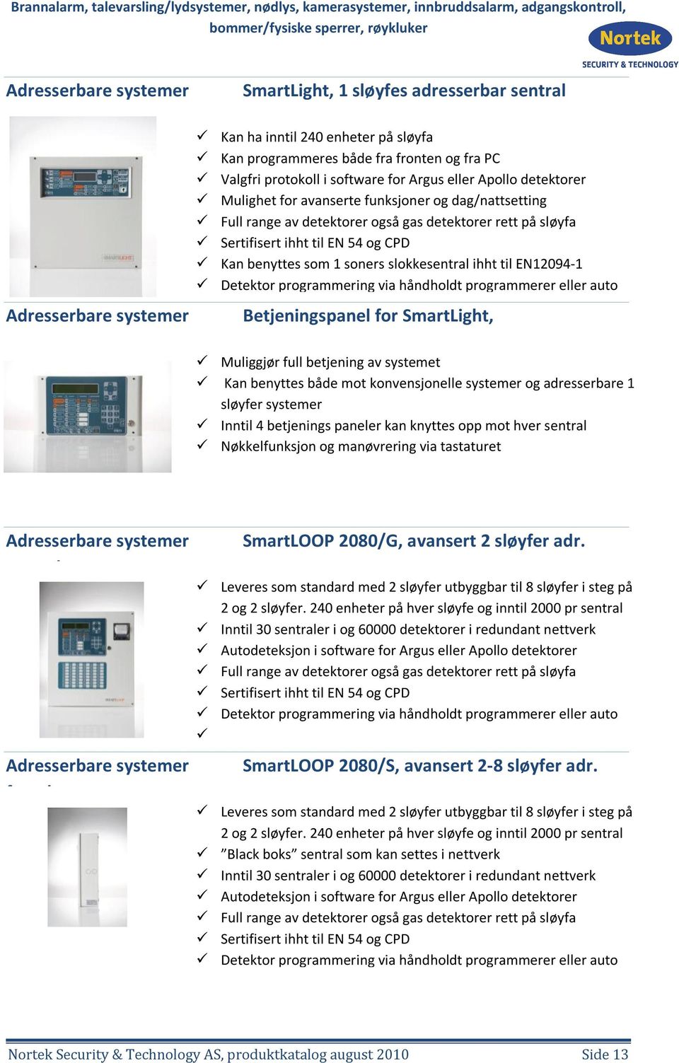 soners slokkesentral ihht til EN12094-1 Detektor programmering via håndholdt programmerer eller auto Betjeningspanel for SmartLight, Muliggjør full betjening av systemet Kan benyttes både mot