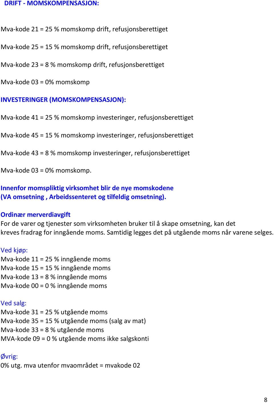 momskomp investeringer, refusjonsberettiget Mva-kode 03 = 0% momskomp. Innenfor momspliktig virksomhet blir de nye momskodene (VA omsetning, Arbeidssenteret og tilfeldig omsetning).