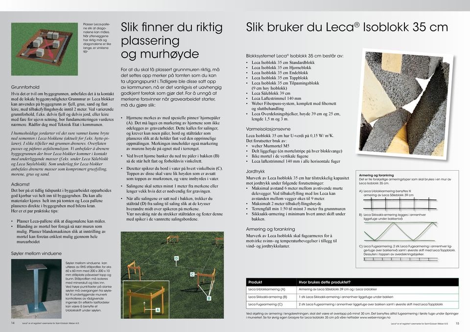 grunnmur av Leca blokker kan anvendes på byggegrunn av fjell, grus, sand og fast leire, med tilbakefyllingshøyde inntil 2 meter. Ved varierende grunnforhold, f.eks.