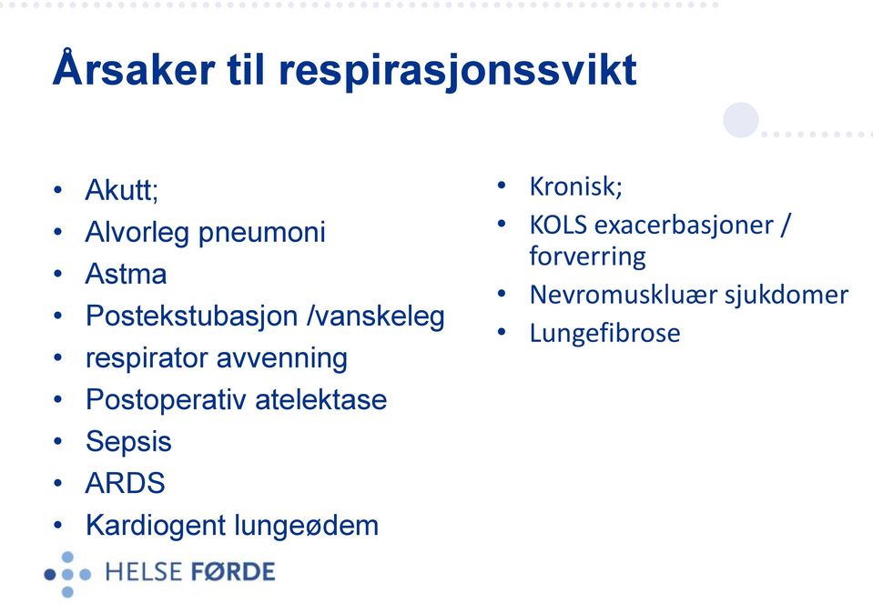 atelektase Sepsis ARDS Kardiogent lungeødem Kronisk; KOLS