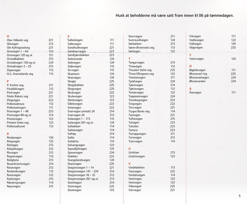 Krohns veg 1 Parallellvegen Parkvegen 2 Peder Bakars veg 2 Plogvegen 2 Pollestadmyra Pollestadvegen Postvegen 1 46 2 Postvegen 80 og ut 4 Prestevegen 1 Presten Soles veg 1 Pollestadtunet R Rindavegen