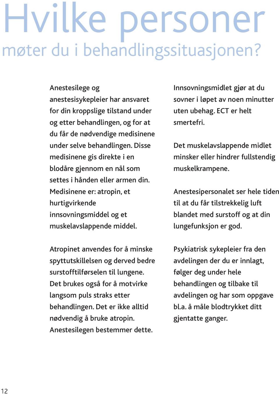 Disse medisinene gis direkte i en blodåre gjennom en nål som settes i hånden eller armen din. Medisinene er: atropin, et hurtigvirkende innsovningsmiddel og et muskelavslappende middel.