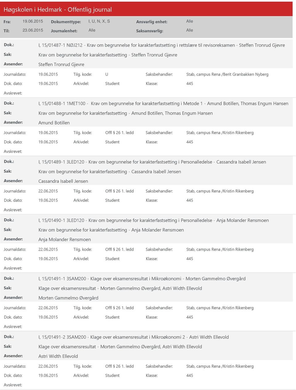 dato: Arkivdel: Student I, 15/01488-1 1MET100 - Krav om begrunnelse for karakterfastsetting i Metode 1 - Amund Botillen, Thomas Engum Hansen Krav om begrunnelse for karakterfastsetting - Amund