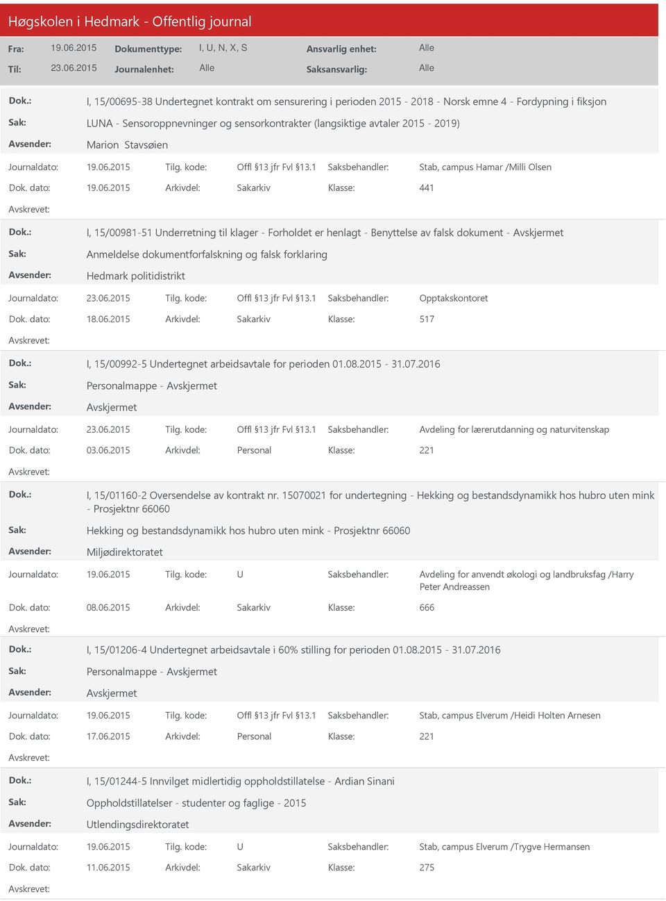 dato: Arkivdel: Sakarkiv 441 I, 15/00981-51 nderretning til klager - Forholdet er henlagt - Benyttelse av falsk dokument - Anmeldelse dokumentforfalskning og falsk forklaring Hedmark politidistrikt