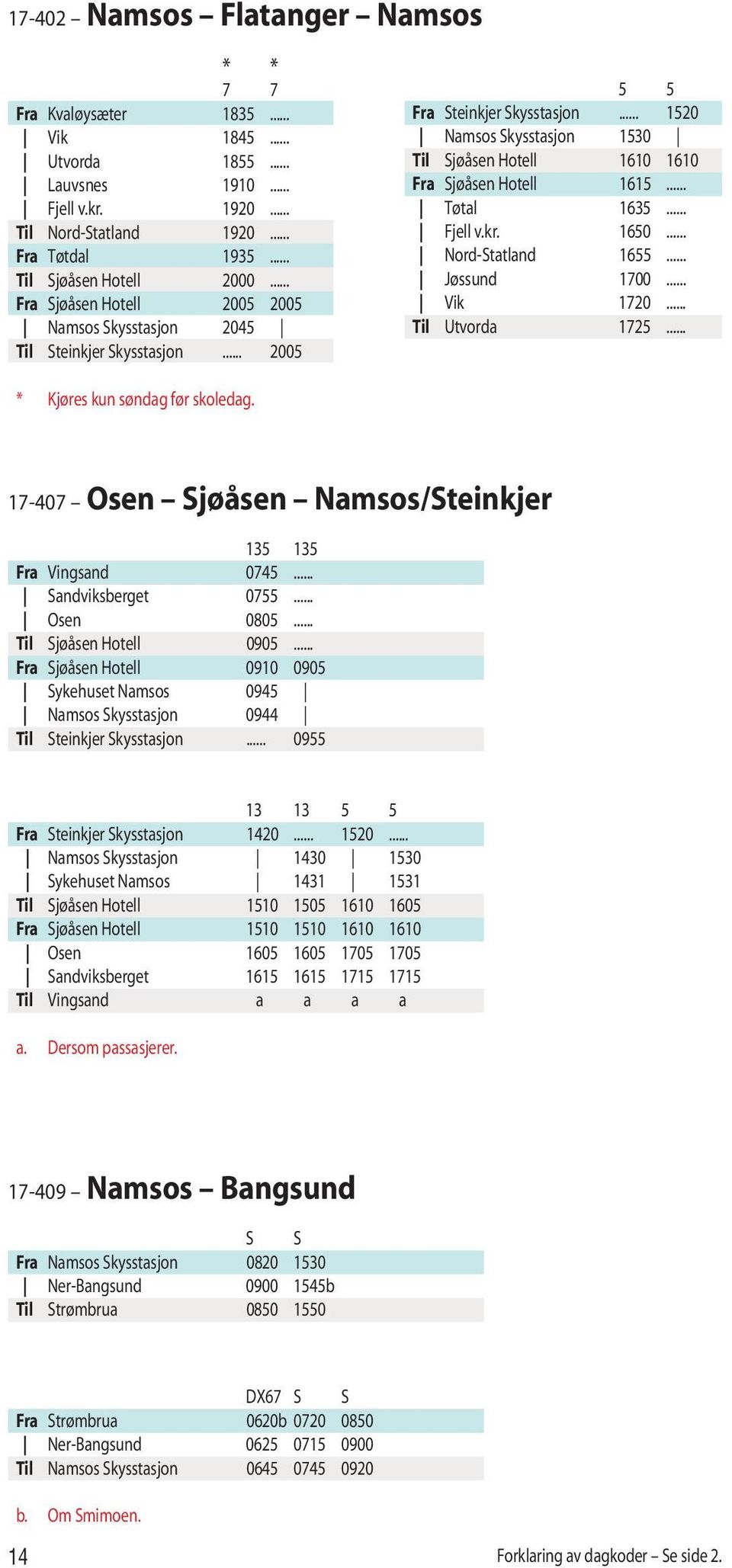 .. 1520 Namsos Skysstasjon 1530 Til Sjøåsen Hotell 1610 1610 Fra Sjøåsen Hotell 1615... Tøtal 1635... Fjell v.kr. 1650... Nord-Statland 1655... Jøssund 1700... Vik 1720... Til Utvorda 1725.