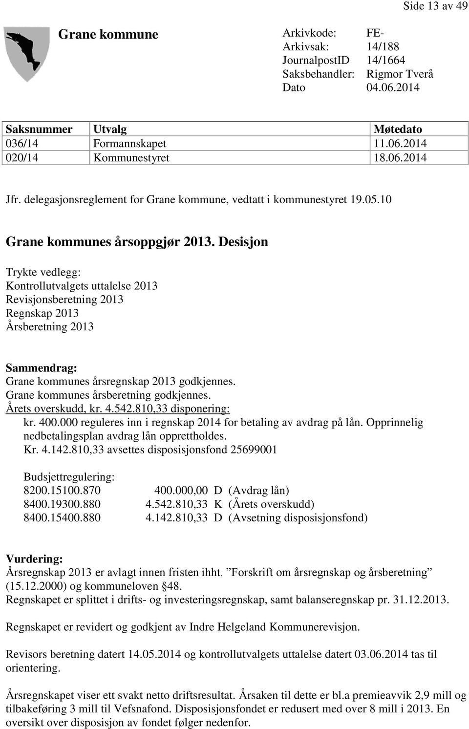 Desisjon Trykte vedlegg: Kontrollutvalgets uttalelse 2013 Revisjonsberetning 2013 Regnskap 2013 Årsberetning 2013 Sammendrag: Grane kommunes årsregnskap 2013 godkjennes.