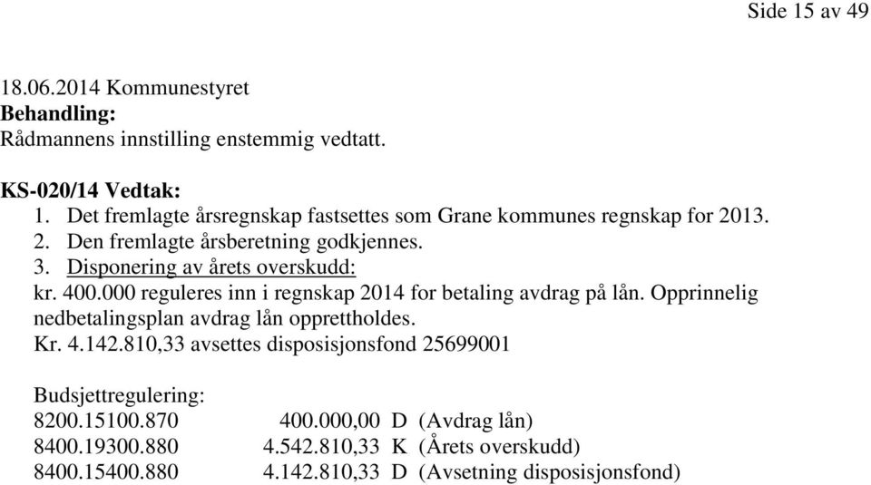 Disponering av årets overskudd: kr. 400.000 reguleres inn i regnskap 2014 for betaling avdrag på lån.