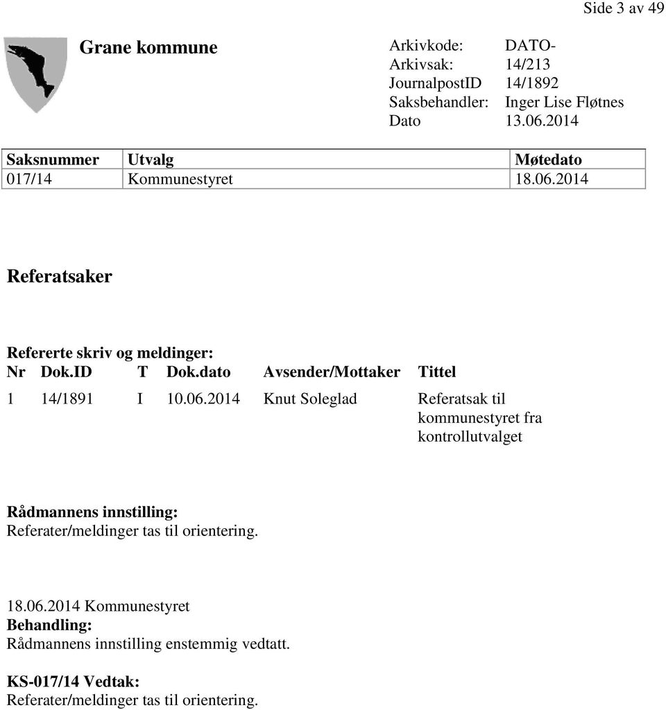 dato Avsender/Mottaker Tittel 1 14/1891 I 10.06.