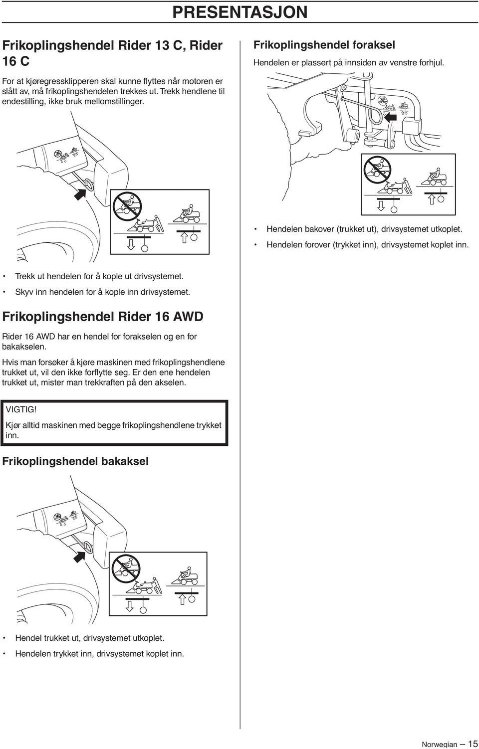 Hendelen bakover (trukket ut), drivsystemet utkoplet. Hendelen forover (trykket inn), drivsystemet koplet inn. Trekk ut hendelen for å kople ut drivsystemet.