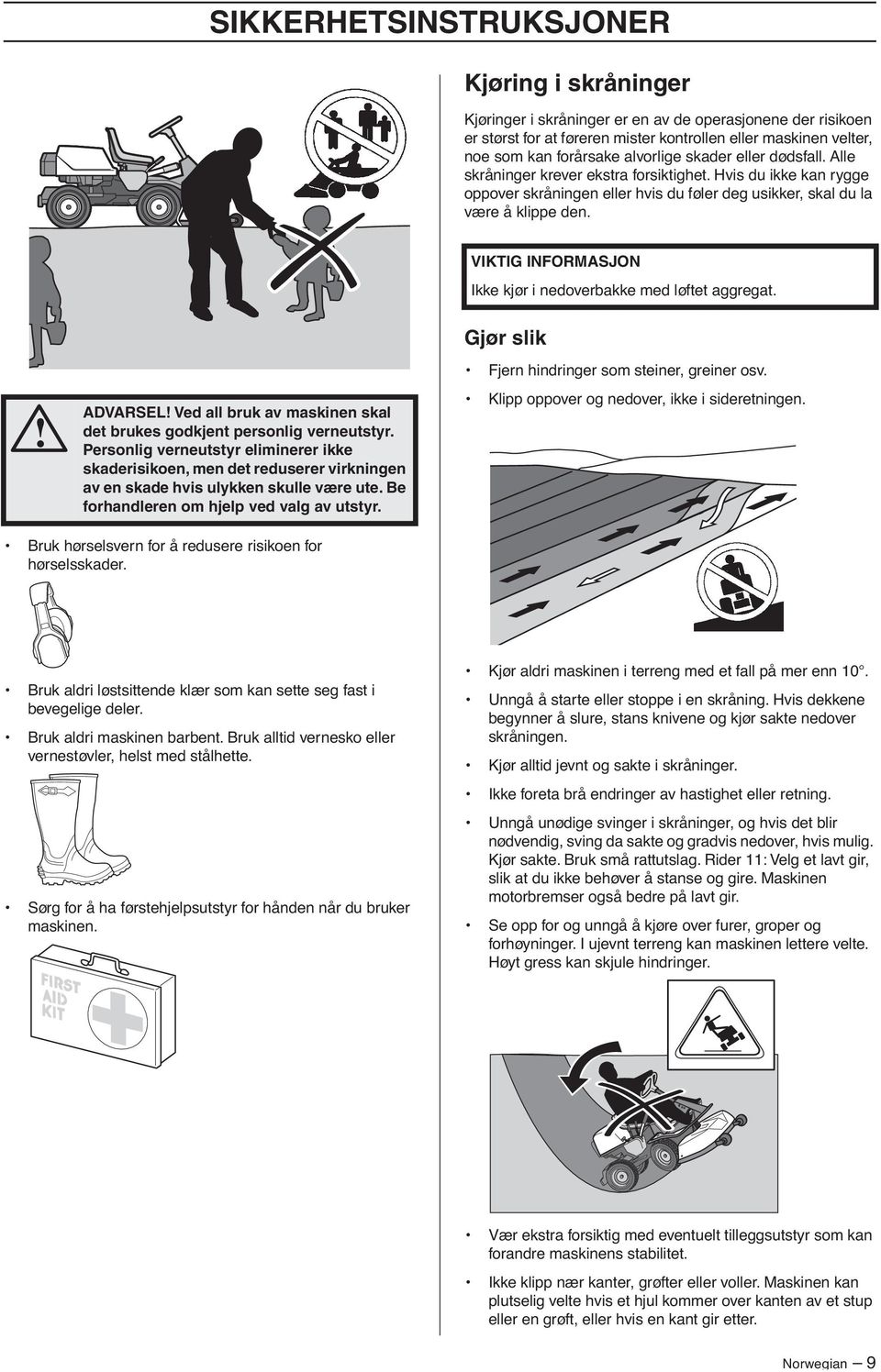 VIKTIG INFORMASJON Ikke kjør i nedoverbakke med løftet aggregat. Gjør slik Fjern hindringer som steiner, greiner osv.! ADVARSEL!