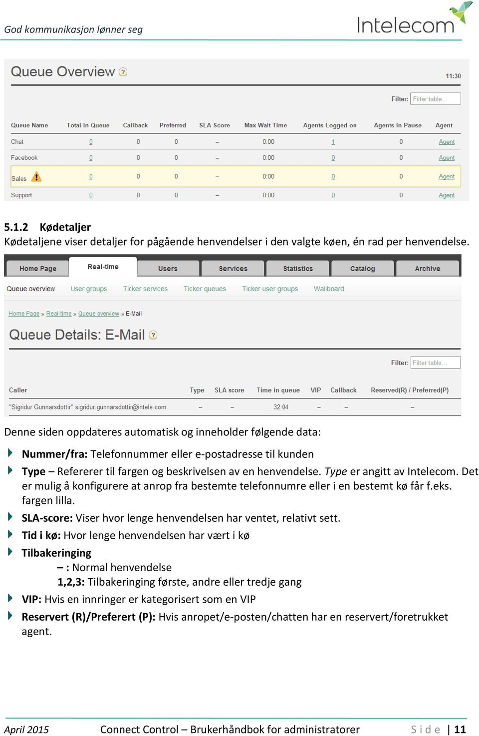 Type er angitt av Intelecom. Det er mulig å konfigurere at anrop fra bestemte telefonnumre eller i en bestemt kø får f.eks. fargen lilla.