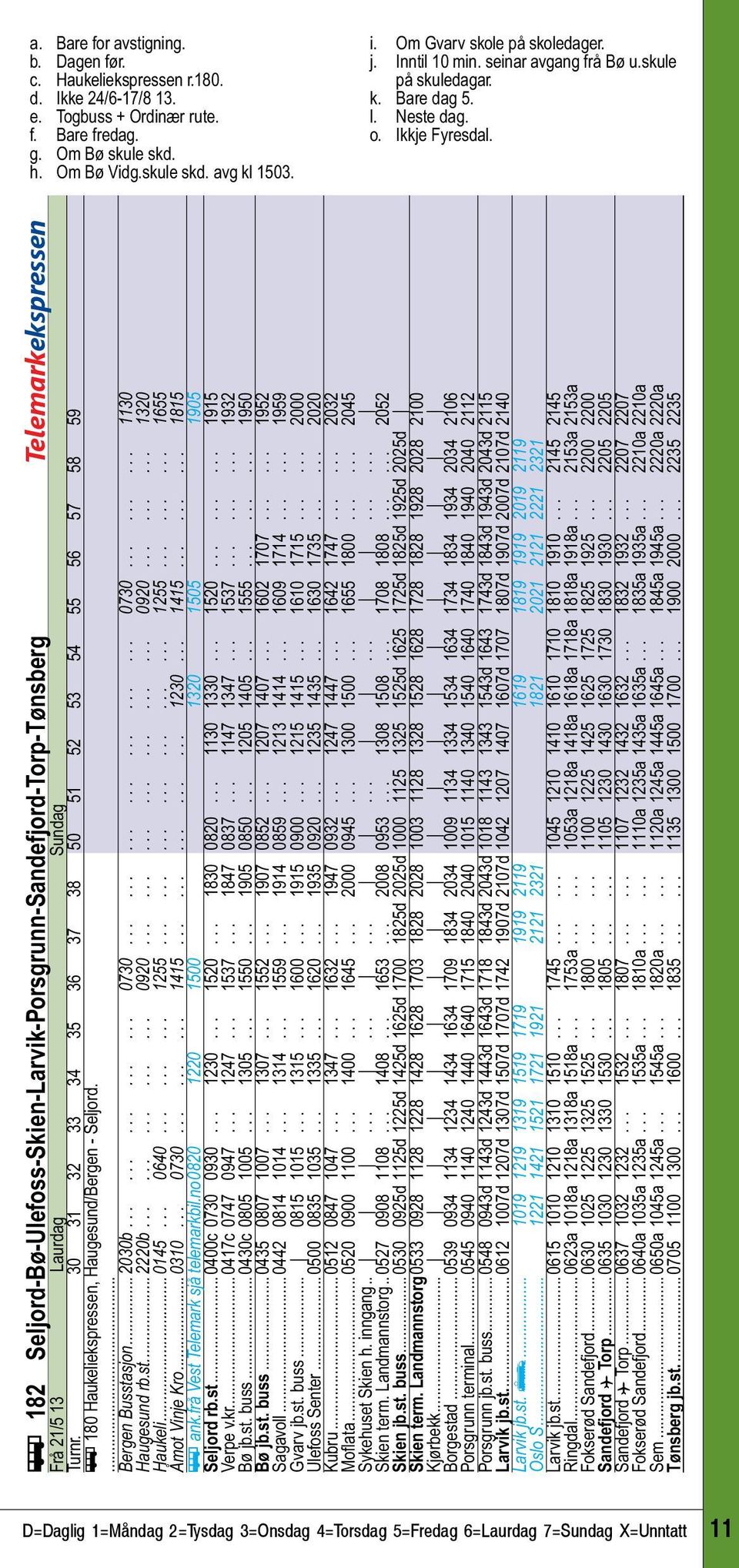 ....... ÿ 182 Seljord-Bø-Ulefoss-Skien-Larvik-Porsgrunn-Sandefjord-Torp-Tønsberg Telemarkekspressen Frå 21/5 13 Laurdag...... Sundag Turnr.