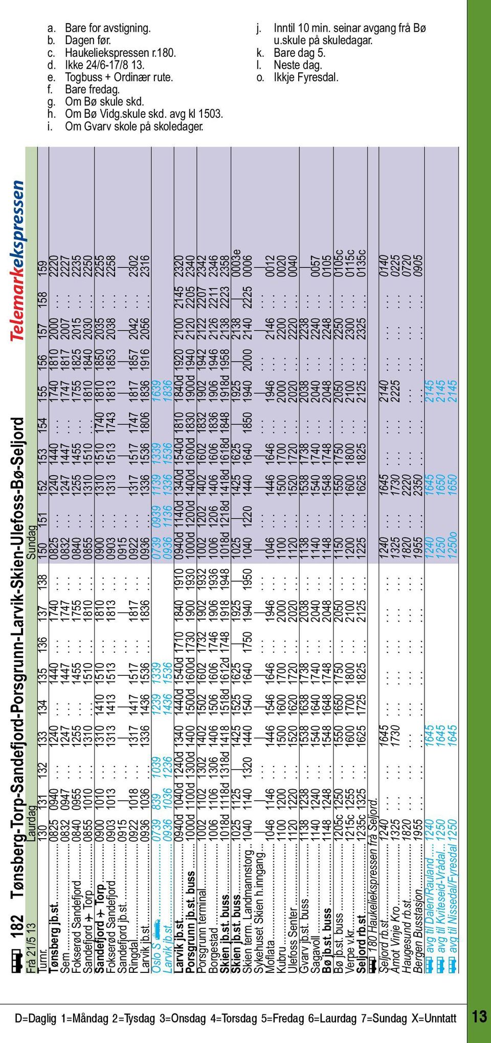 ...... ÿ 182 Tønsberg-Torp-Sandefjord-Porsgrunn-Larvik-Skien-Ulefoss-Bø-Seljord Telemarkekspressen Frå 21/5 13 Laurdag........ Sundag Turnr.