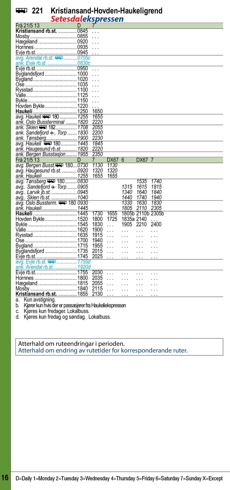 ..1250 1650 avg. Haukeli ÿ 180...1255 1655 ank. Oslo Bussterminal...1820 2220 ank. Skien ÿ 182...1708 2055 ank. Sandefjord ƒ, Torp...1830 2200 ank. Tønsberg...1900 2230 avg. Haukeli ÿ 180...1445 1845 ank.